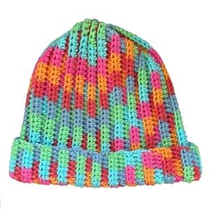 Handmade crochet rainbow color beanie colorful outdoors